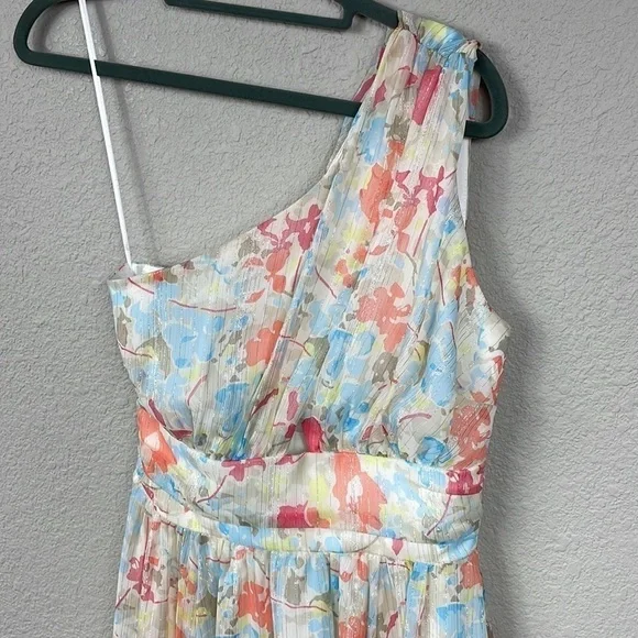 New Likely Sara Dress Floral Watercolor Metallic One Shoulder Midi Sz 0